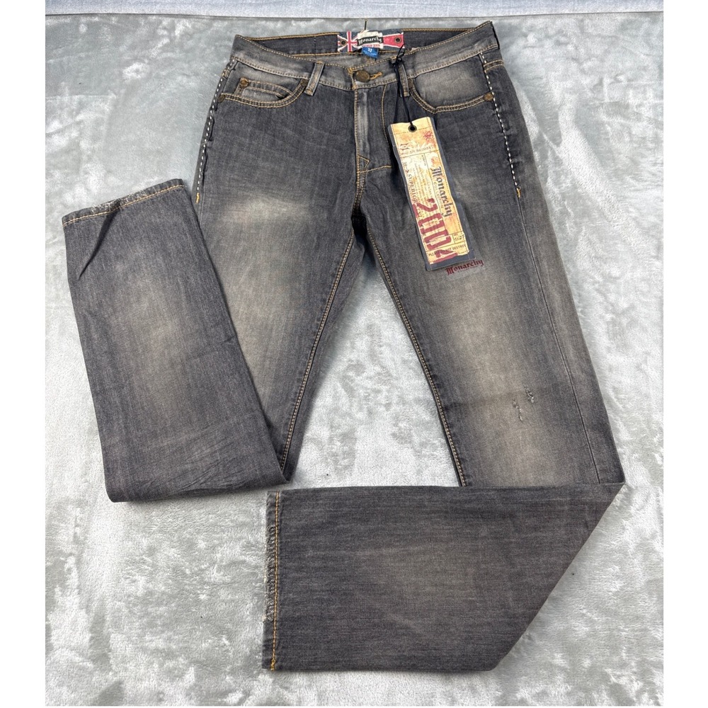 Monarchy Collection Mens Black Faded Straight Leg Embroidered Jeans 32x34 NWT